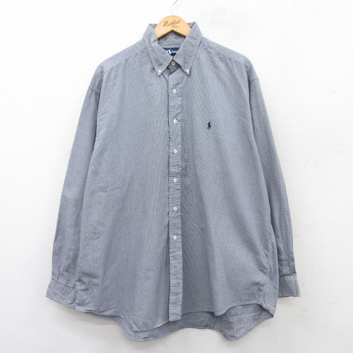 XL★古着 ラルフローレン Ralph Lauren 長袖 ブランド シャツ メンズ 90年代 90s BLAKE ワンポイントロゴ 千鳥格子 大きいサイズ コットン ボタンダウン 紺他 ネイビー チェック 25mar27 中古 トップス