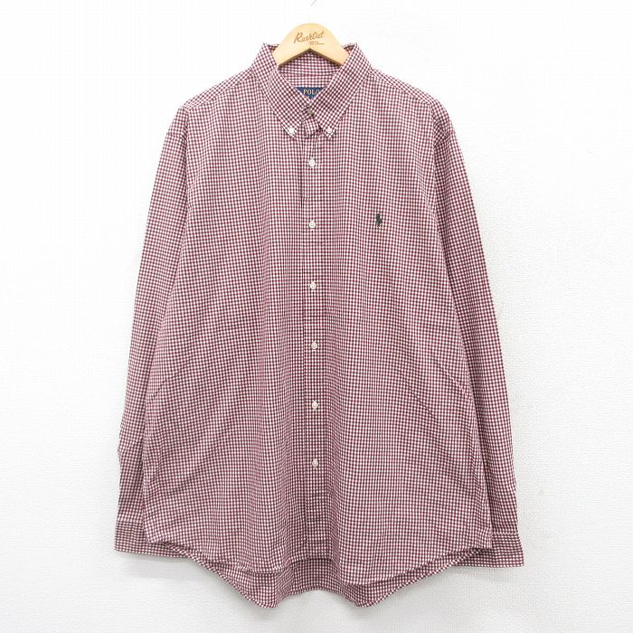 【50%OFF】XL★古着 ラルフローレン Ralph Lauren 長袖 ブランド シャツ メンズ ワンポイントロゴ 大きいサイズ ロング丈 ボタンダウン エンジ他 ギンガム チェック 25mar27 中古 トップス