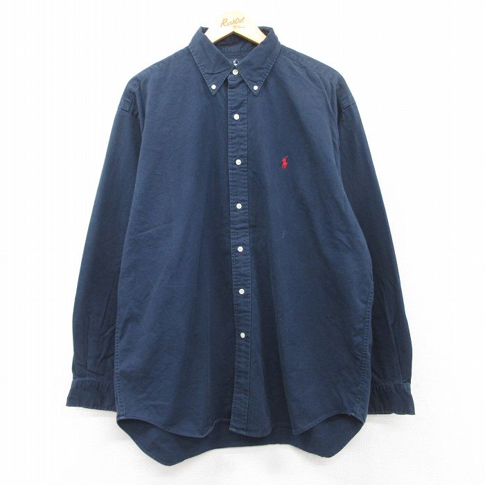 XL★古着 ラルフローレン Ralph Lauren 長袖 ブランド シャツ メンズ 90年代 90s BLAIRE ワンポイントロゴ 大きいサイズ コットン ボタンダウン 濃紺 ネイビー 25mar27 中古 トップス