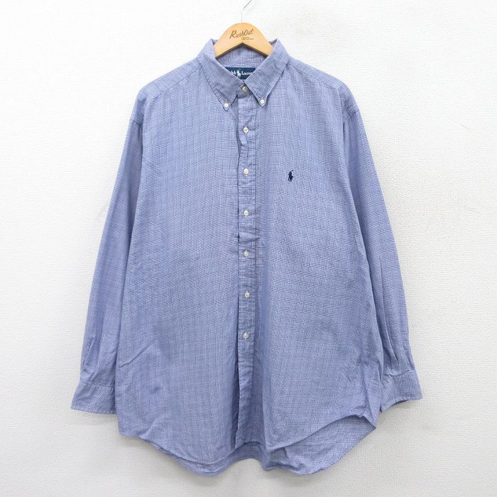 XL★古着 ラルフローレン Ralph Lauren 長袖 ブランド シャツ メンズ 90年代 90s YARMOUTH ワンポイントロゴ 大きいサイズ ロング丈 コットン ボタンダウン 紺他 ネイビー チェック 25mar27 中古 トップス