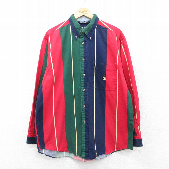 XL★古着 ノーティカ NAUTICA 長袖 ブランド シャツ メンズ 90年代 90s ワンポイントロゴ 大きいサイズ コットン ボタンダウン 赤他 レッド ストライプ 25mar27 中古 トップス