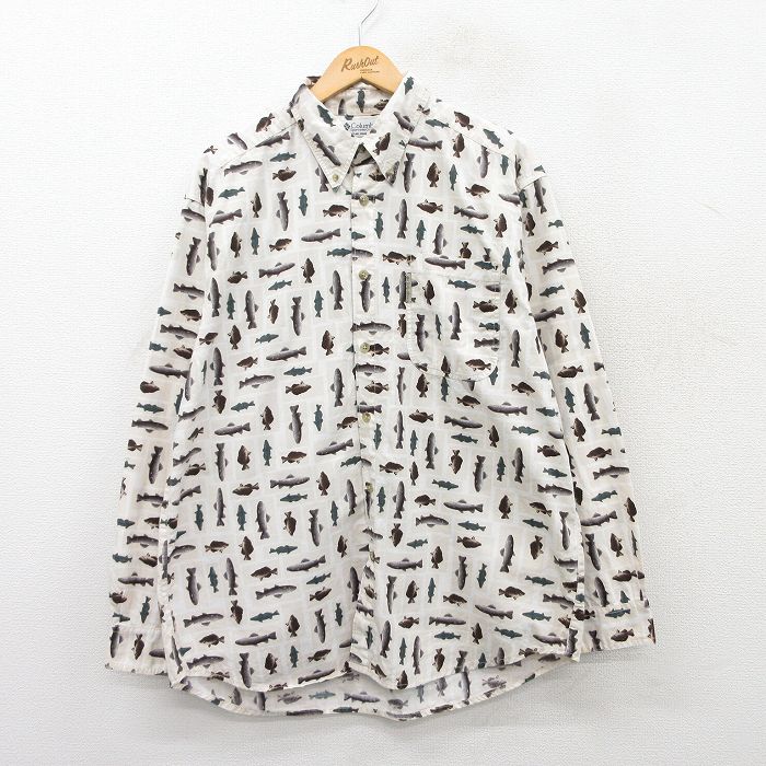 【50%OFF】XL★古着 コロンビア COLUMBIA 長袖 ブランド シャツ メンズ 90年代 90s 魚 総柄 コットン ボタンダウン ベージュ他 カーキ 25mar27 中古 トップス