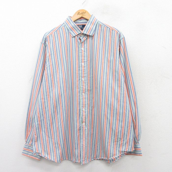 【50%OFF】XL★古着 ラルフローレン Ralph Lauren 長袖 ブランド シャツ メンズ 90年代 90s REGENT 大きいサイズ コットン 薄紺他 ネイビー ストライプ 25mar27 中古 トップス