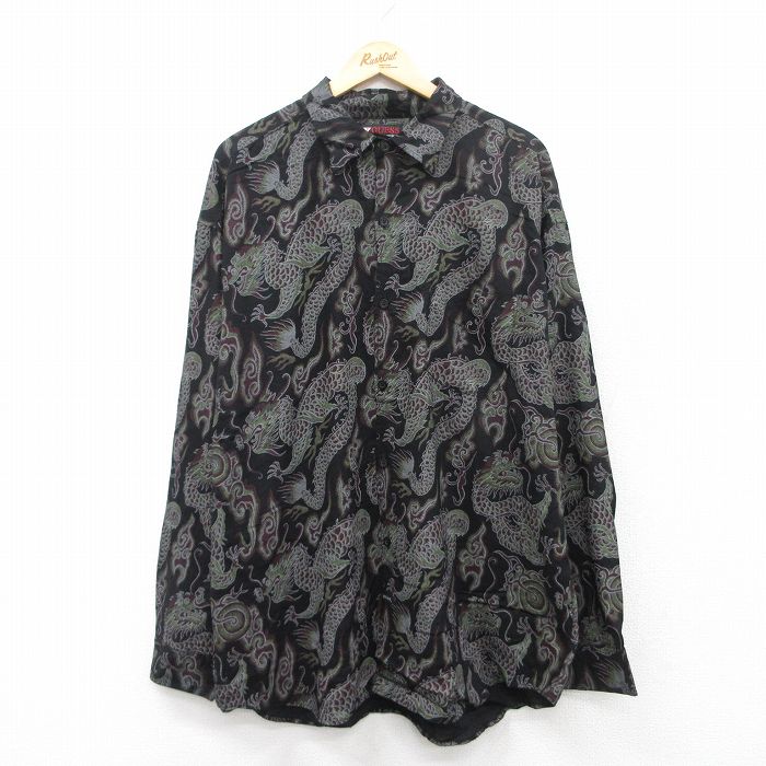 XL★古着 ゲス GUESS 長袖 ブランド シャツ メンズ 龍 大きいサイズ ロング丈 レーヨン 黒 ブラック 25mar27 中古 トップス