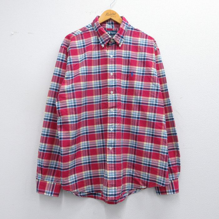 【50%OFF】XL★古着 ラルフローレン Ralph Lauren 長袖 ブランド シャツ メンズ 90年代 90s ワンポイントロゴ 大きいサイズ コットン ボタンダウン 赤他 レッド チェック 25mar27 中古 トップス