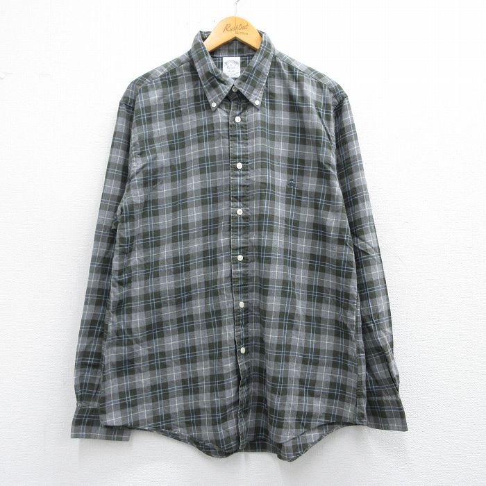 XL★古着 ブルックスブラザーズ BROOKS BROTHERS 長袖 ブランド シャツ メンズ ワンポイントロゴ コットン ボタンダウン 緑他 グリーン チェック 25mar27 中古 トップス
