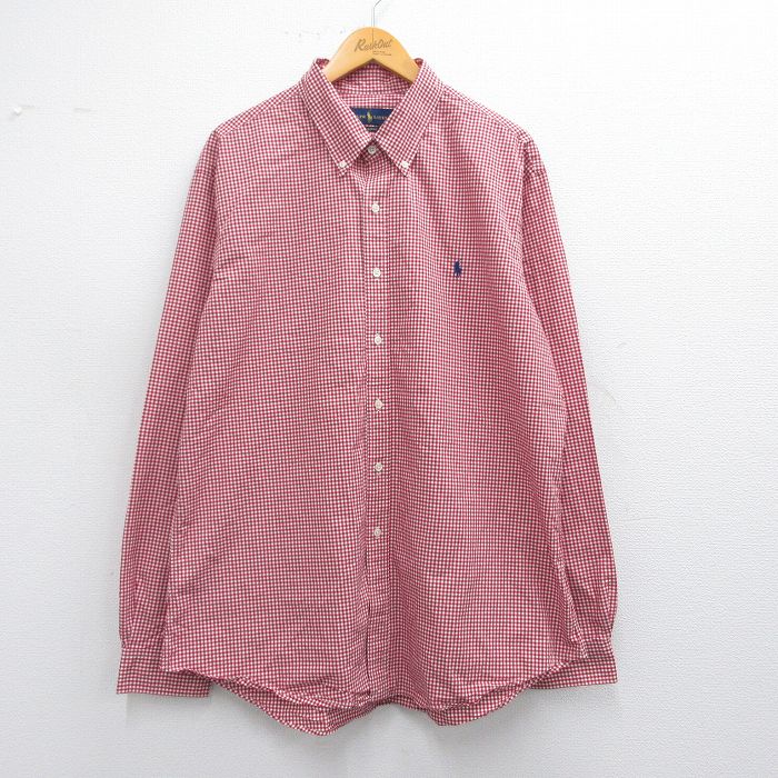 XL★古着 ラルフローレン Ralph Lauren 長袖 ブランド シャツ メンズ ワンポイントロゴ 大きいサイズ ロング丈 コットン ボタンダウン 赤他 レッド ギンガム チェック 25mar27 中古 トップス