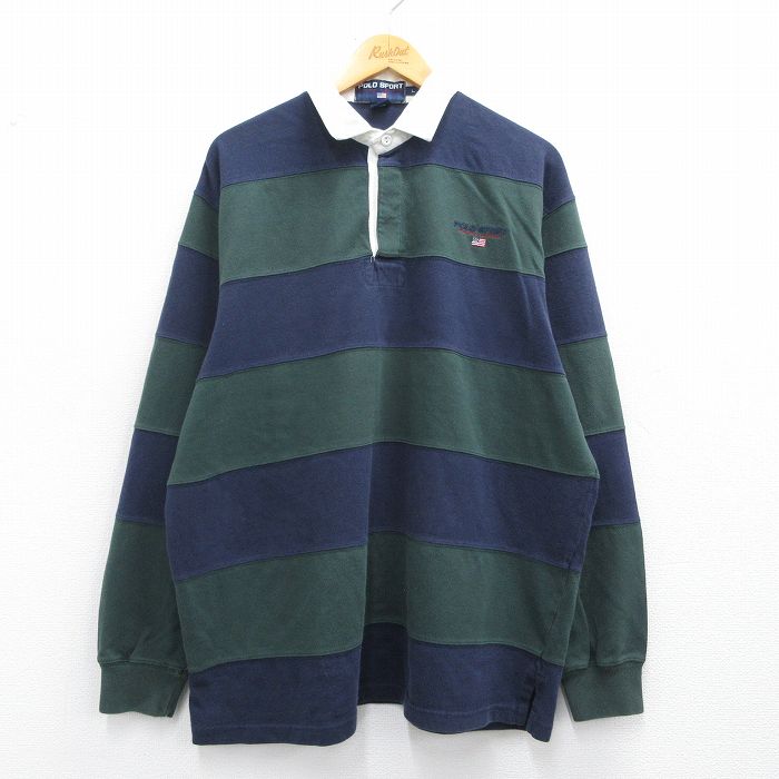 XL★古着 ラルフローレン Ralph Lauren ポロスポーツ 長袖 ブランド ラガー シャツ メンズ ワンポイントロゴ 大きいサイズ 濃紺他 ネイビー ボーダー 【spe】 25mar27 中古 トップス