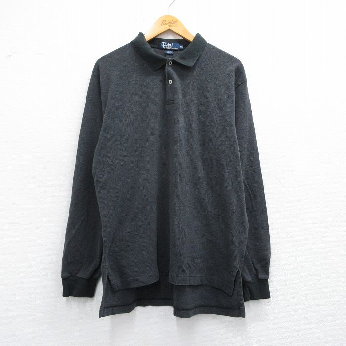 L★古着 ラルフローレン Ralph Lauren 長袖 ブランド ポロ シャツ メンズ 90年代 90s ワンポイントロゴ ヘリンボーン コットン 黒 ブラック 25mar27 中古 トップス