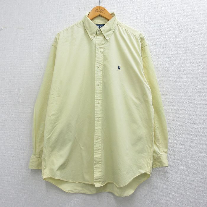 XL★古着 ラルフローレン Ralph Lauren 長袖 ブランド シャツ メンズ 90年代 90s BLAKE ワンポイントロゴ 大きいサイズ ロング丈 コットン ボタンダウン 薄黄 イエロー 25mar27 中古 トップス