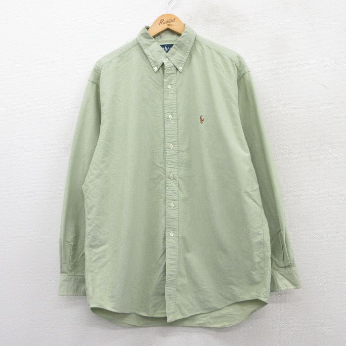 XL★古着 ラルフローレン Ralph Lauren 長袖 ブランド シャツ メンズ 90年代 90s YARMOUTH ワンポイントロゴ オックスフォード 大きいサイズ コットン ボタンダウン 薄緑 グリーン 25mar28 中古 トップス