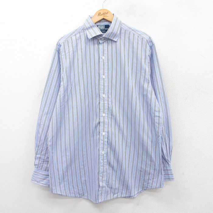 XL★古着 ラルフローレン Ralph Lauren 長袖 ブランド シャツ メンズ 90年代 90s REGENT 大きいサイズ 薄紺他 ネイビー ストライプ 25mar28 中古 トップス