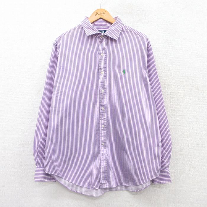 XL★古着 ラルフローレン Ralph Lauren 長袖 ブランド シャツ メンズ 90年代 90s STANTON ワンポイントロゴ 大きいサイズ 紫他 パープル ストライプ 25mar28 中古 トップス