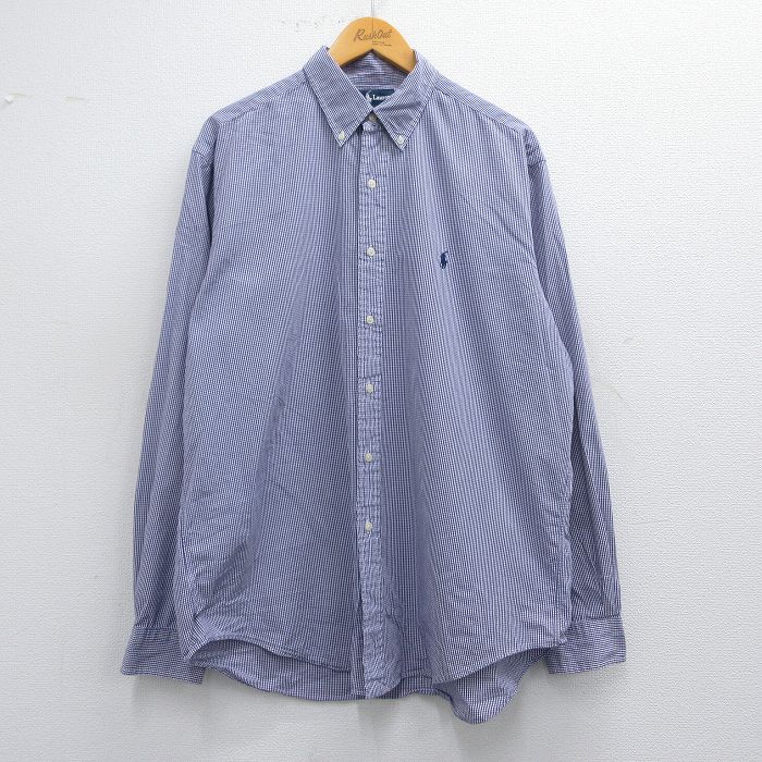 XL★古着 ラルフローレン Ralph Lauren 長袖 ブランド シャツ メンズ 90年代 90s ワンポイントロゴ YARMOUTH 大きいサイズ ロング丈 コットン ボタンダウン 紺他 ネイビー チェック 25mar29 中古 トップス