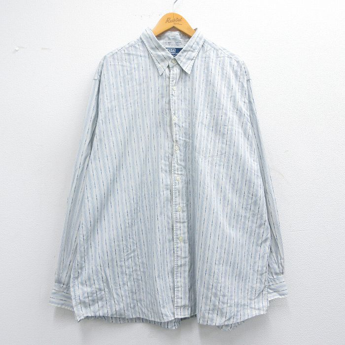 XL★古着 ラルフローレン Ralph Lauren 長袖 ブランド シャツ メンズ 90年代 90s MERRIN 大きいサイズ ロング丈 コットン 薄紺他 ネイビー ストライプ 25mar29 中古 トップス