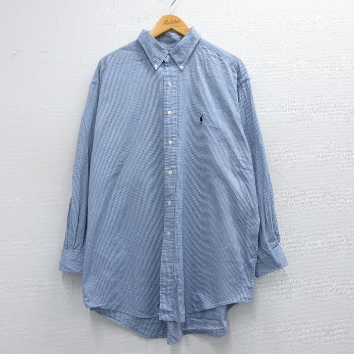 XL★古着 ラルフローレン Ralph Lauren 長袖 ブランド シャツ メンズ 90年代 90s ワンポイントロゴ YARMOUTH 大きいサイズ ロング丈 コットン ボタンダウン 紺他 ネイビー チェック 25mar29 中古 トップス