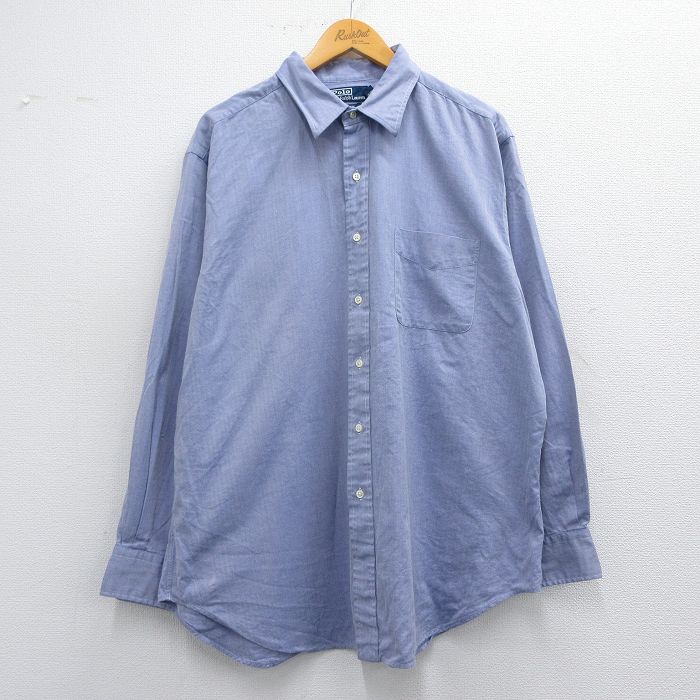 【50%OFF】XL★古着 ラルフローレン Ralph Lauren 長袖 ブランド シャツ メンズ 90年代 90s ANDREW ヘリンボーン 大きいサイズ ロング丈 コットン 紺 ネイビー 【spe】 25mar29 中古 トップス