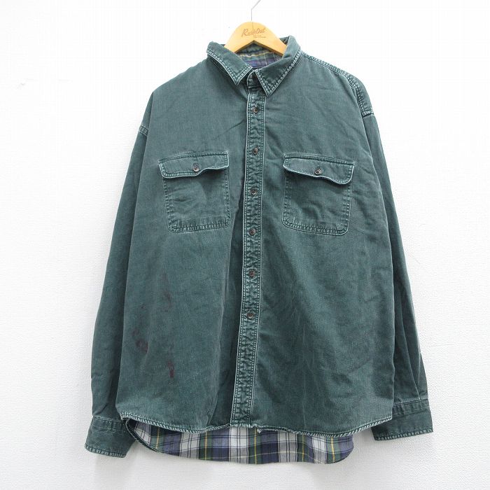 XL★古着 エルエルビーン LLBEAN 長袖 ブランド シャツ メンズ 90年代 90s 大きいサイズ コットン USA製 緑 グリーン デニム 内側フランネル 25mar29 中古 トップス