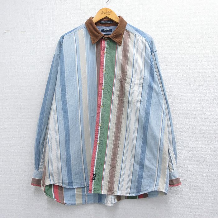 XL★古着 ドッカーズ 長袖 ブランド シャツ メンズ 90年代 90s インディゴ 襟コーデュロイ 大きいサイズ コットン 薄紺他 ネイビー ストライプ 【spe】 25mar29 中古 トップス