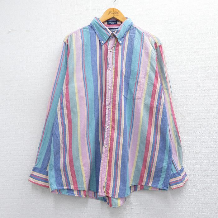 【50%OFF】XL★古着 ランズエンド 長袖 ブランド シャツ メンズ 90年代 90s 大きいサイズ コットン ボタンダウン USA製 薄紺他 ネイビー ストライプ 【spe】 25mar29 中古 トップス