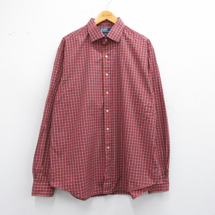XL★古着 ラルフローレン Ralph Lauren 長袖 ブランド シャツ メンズ 90年代 90s REGENT 大きいサイズ コットン 赤他 レッド チェック 25mar29 中古 トップス