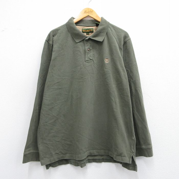 XL★古着 ティンバーランド 長袖 ブランド ポロ シャツ メンズ 00年代 00s ワンポイントロゴ コットン 濃緑 グリーン 25mar29 中古 トップス