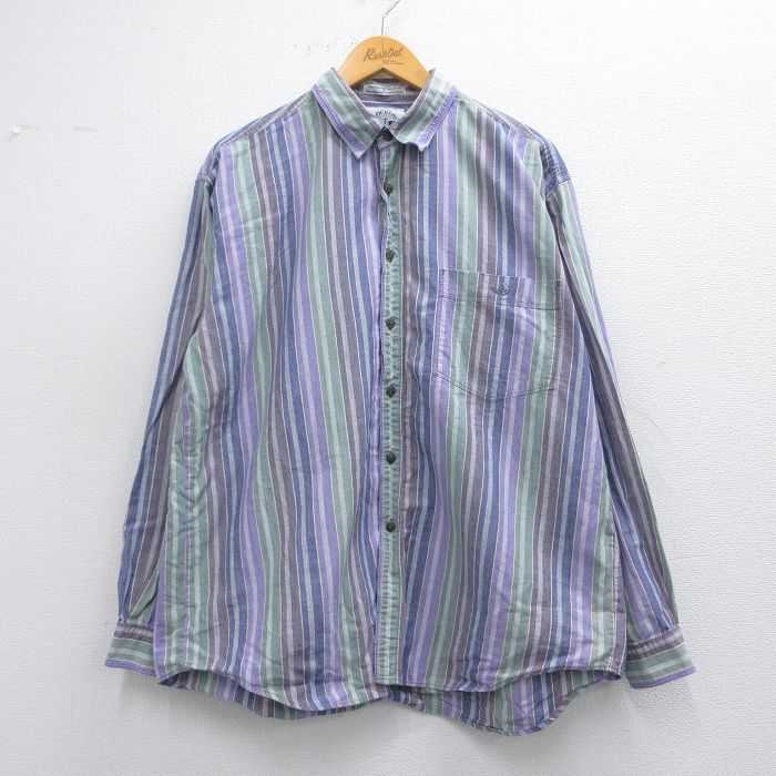 【50%OFF】XL★古着 ドッカーズ 長袖 ブランド シャツ メンズ 90年代 90s ワンポイントロゴ コットン 紺他 ネイビー ストライプ 25mar29 中古 トップス