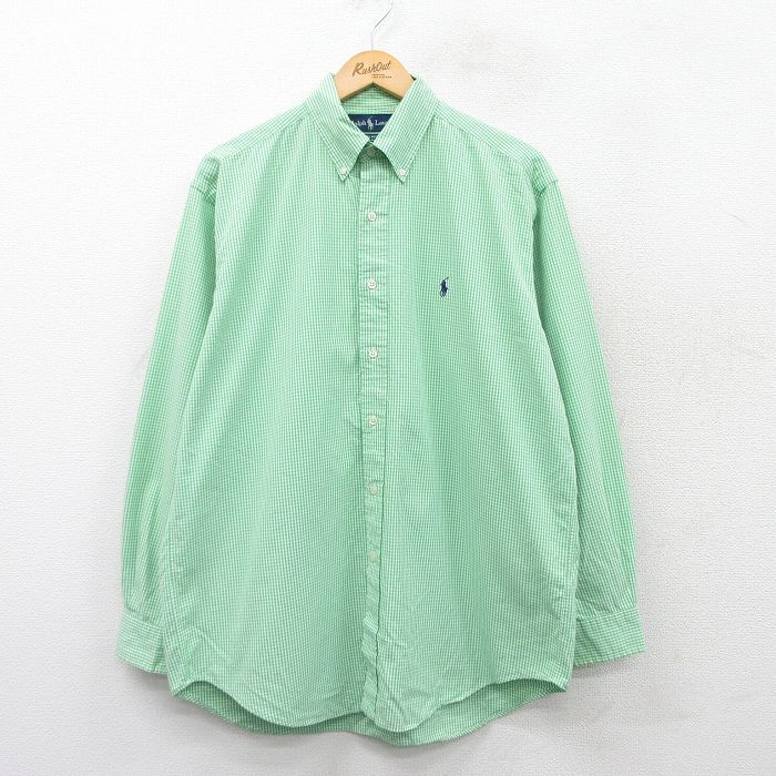 XL★古着 ラルフローレン Ralph Lauren 長袖 ブランド シャツ メンズ 90年代 90s ワンポイントロゴ BLAKE コットン ボタンダウン 黄緑他 ギンガム チェック 25mar29 中古 トップス