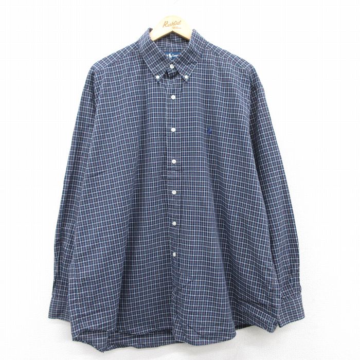 XL★古着 ラルフローレン Ralph Lauren 長袖 ブランド シャツ メンズ 90年代 90s ワンポイントロゴ BLAKE 大きいサイズ ロング丈 コットン ボタンダウン 紺他 ネイビー チェック 25mar29 中古 トップス