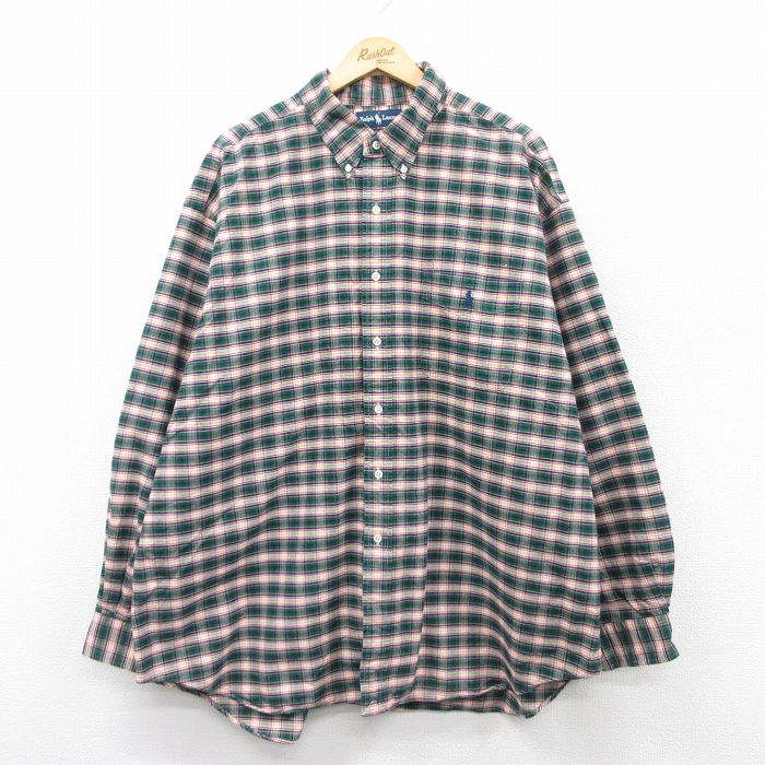 【20%OFF】XL★古着 ラルフローレン Ralph Lauren 長袖 ブランド シャツ メンズ 90年代 90s ワンポイントロゴ BIG SHIRT 大きいサイズ ロング丈 コットン ボタンダウン 緑他 グリーン チェック 【spe】 25mar29 中古 トップス