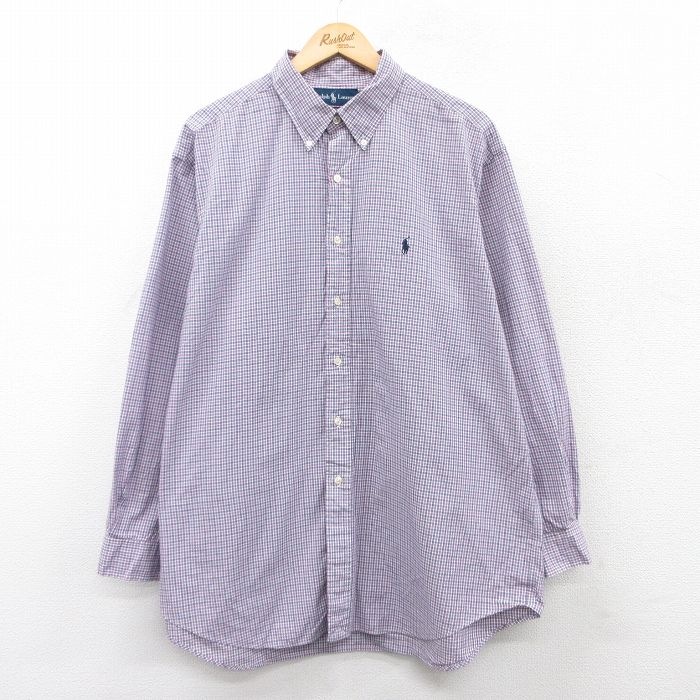 XL★古着 ラルフローレン Ralph Lauren 長袖 ブランド シャツ メンズ 90年代 90s ワンポイントロゴ YARMOUTH 大きいサイズ コットン ボタンダウン 薄紫他 パープル チェック 25mar29 中古 トップス