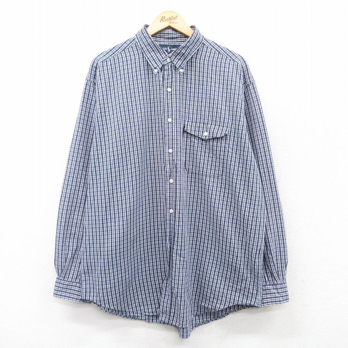 XL★古着 ラルフローレン Ralph Lauren 長袖 ブランド シャツ メンズ 90年代 90s CREEK 大きいサイズ ロング丈 コットン ボタンダウン 紺他 ネイビー チェック 25mar29 中古 トップス