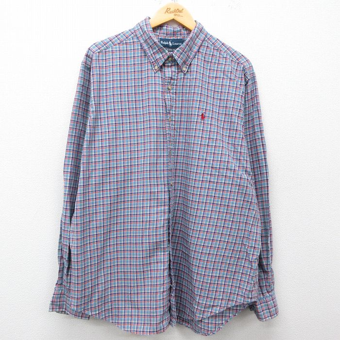 XL★古着 ラルフローレン Ralph Lauren 長袖 ブランド シャツ メンズ 90年代 90s ワンポイントロゴ 大きいサイズ コットン ボタンダウン 薄紺他 ネイビー チェック 【spe】 25mar31 中古 トップス