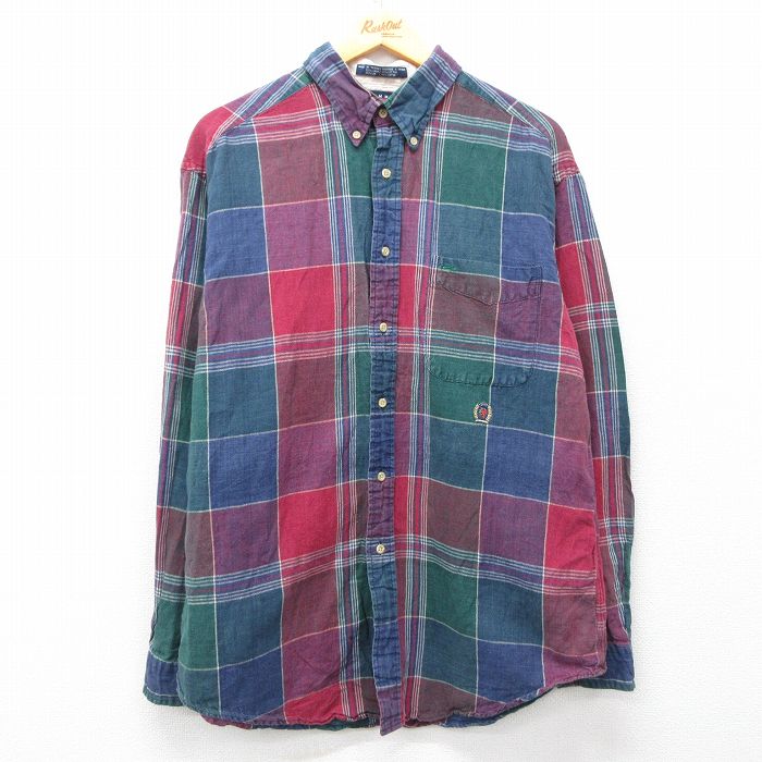 トミーヒルフィガー 90s 長袖シャツ ワンポイントロゴ ネイビーチェック XL | 古着