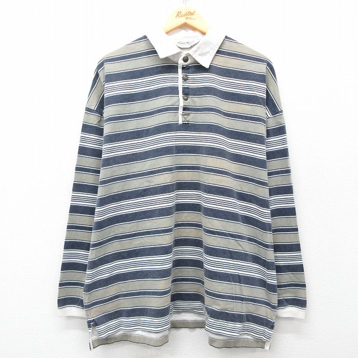 XL★古着 エディーバウアー 長袖 ブランド ポロ シャツ メンズ 00年代 00s 大きいサイズ コットン 紺他 ネイビー ボーダー 【spe】 25mar31 中古 トップス