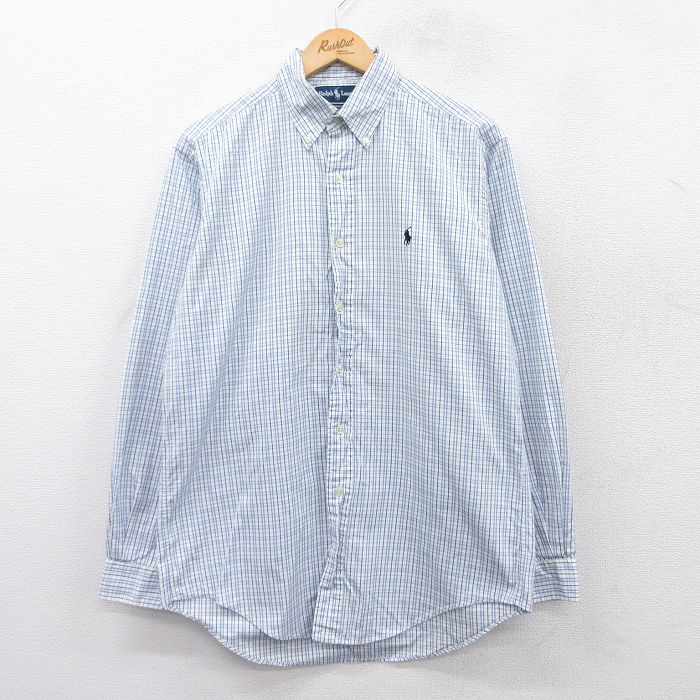 L★古着 ラルフローレン Ralph Lauren 長袖 ブランド シャツ メンズ 90年代 90s ワンポイントロゴ YARMOUTH ロング丈 コットン ボタンダウン 白他 ホワイト チェック 25apr01 中古 トップス