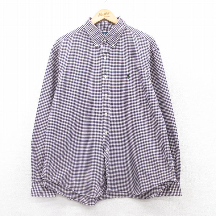 XL★古着 ラルフローレン Ralph Lauren 長袖 ブランド シャツ メンズ 90年代 90s ワンポイントロゴ 大きいサイズ コットン ボタンダウン 紫他 パープル チェック 25apr01 中古 トップス