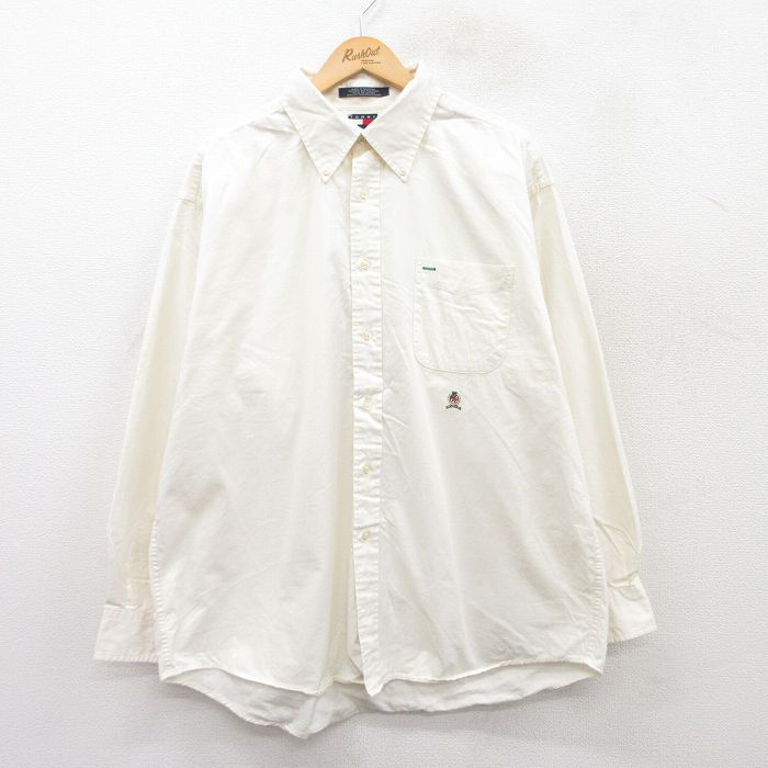 XL★古着 トミーヒルフィガー TOMMY HILFIGER 長袖 ブランド シャツ メンズ 90年代 90s ワンポイントロゴ 大きいサイズ コットン ボタンダウン 薄ベージュ カーキ 25apr01 中古 トップス
