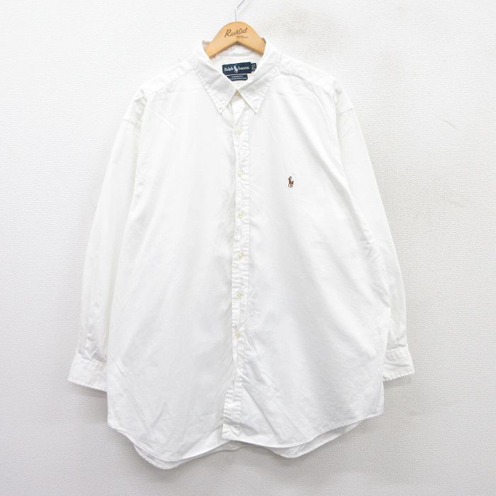 XL★古着 ラルフローレン Ralph Lauren 長袖 ブランド シャツ メンズ 90年代 90s ワンポイントロゴ YARMOUTH 大きいサイズ ロング丈 コットン ボタンダウン 白 ホワイト 25apr01 中古 トップス