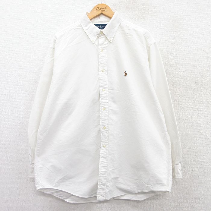 XL★古着 ラルフローレン Ralph Lauren 長袖 ブランド シャツ メンズ 90年代 90s ワンポイントロゴ YARMOUTH 大きいサイズ ロング丈 コットン ボタンダウン 白 ホワイト 25apr01 中古 トップス