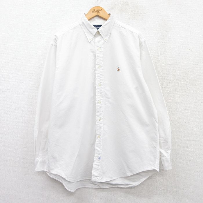 XL★古着 ラルフローレン Ralph Lauren 長袖 ブランド シャツ メンズ 90年代 90s ワンポイントロゴ YARMOUTH 大きいサイズ ロング丈 コットン ボタンダウン 白 ホワイト 25apr01 中古 トップス