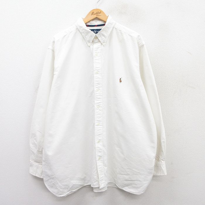 XL★古着 ラルフローレン Ralph Lauren 長袖 ブランド シャツ メンズ 90年代 90s ワンポイントロゴ 大きいサイズ ロング丈 コットン ボタンダウン 白 ホワイト 25apr01 中古 トップス
