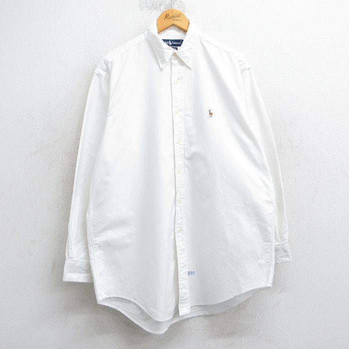 XL★古着 ラルフローレン Ralph Lauren 長袖 ブランド シャツ メンズ 90年代 90s ワンポイントロゴ オックスフォード YARMOUTH 大きいサイズ ロング丈 ボタンダウン 白 ホワイト 25apr03 中古 トップス