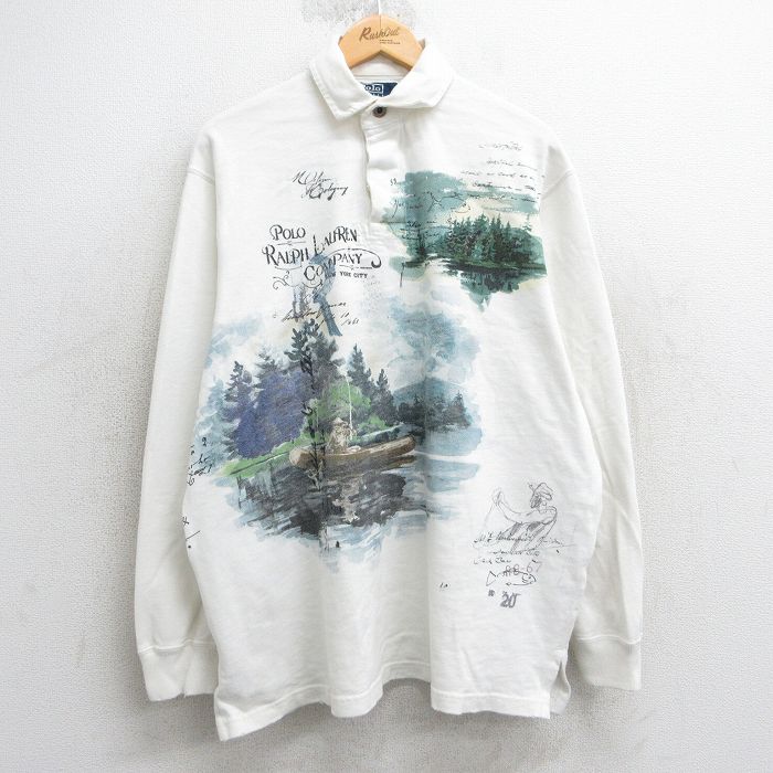 XL★古着 ラルフローレン Ralph Lauren 長袖 ブランド ラガー シャツ メンズ 90年代 90s 釣り 湖 ビッグロゴ 大きいサイズ コットン 白 ホワイト 【spe】 25apr03 中古 トップス