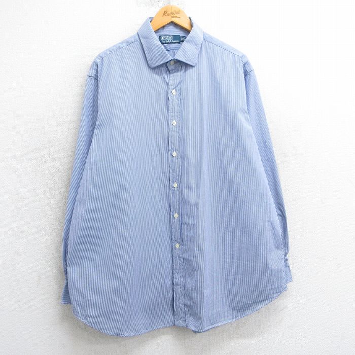 XL★古着 ラルフローレン Ralph Lauren 長袖 ブランド シャツ メンズ 90年代 90s 大きいサイズ ロング丈 コットン 紺他 ネイビー ストライプ 25apr03 中古 トップス