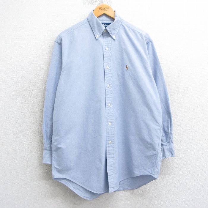 L★古着 ラルフローレン Ralph Lauren 長袖 ブランド シャツ メンズ 90年代 90s ワンポイントロゴ オックスフォード YARMOUTH ロング丈 コットン ボタンダウン 薄紺 ネイビー 25apr03 中古 トップス