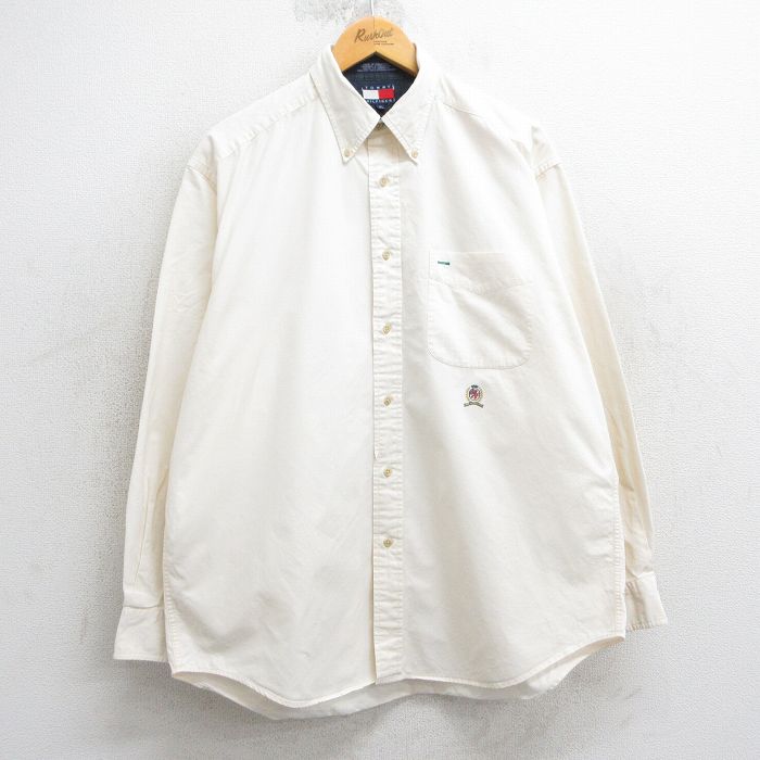 XL★古着 トミーヒルフィガー TOMMY HILFIGER 長袖 ブランド シャツ メンズ 90年代 90s ワンポイントロゴ コットン ボタンダウン 生成り 25apr03 中古 トップス