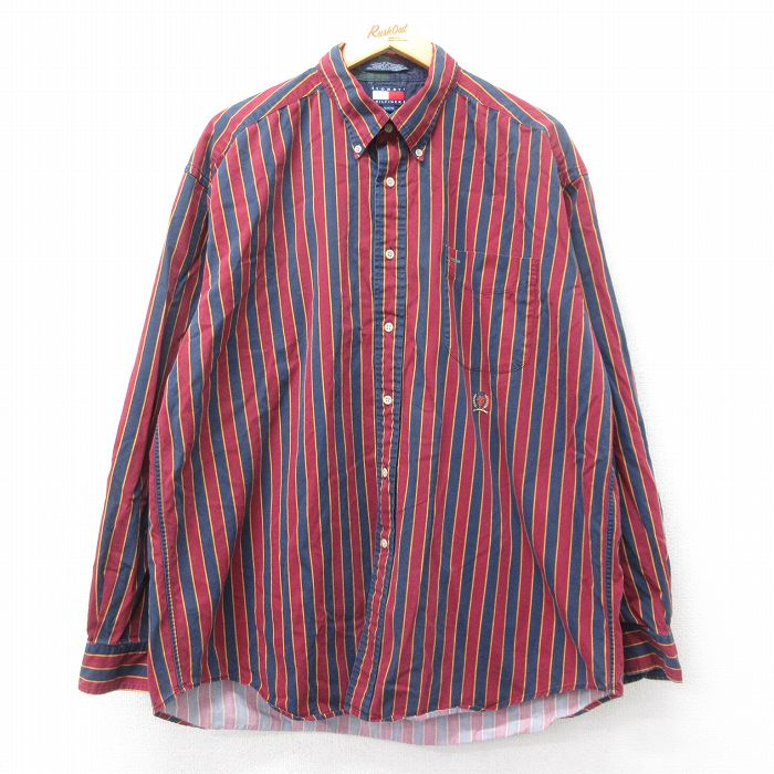 【50%OFF】XL★古着 トミーヒルフィガー TOMMY HILFIGER 長袖 ブランド シャツ メンズ 90年代 90s ワンポイントロゴ 大きいサイズ ロング丈 コットン ボタンダウン エンジ他 ストライプ 25apr09 中古 トップス