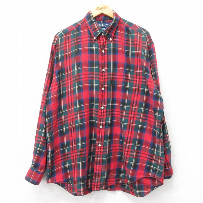 XL★古着 ラルフローレン Ralph Lauren 長袖 ブランド シャツ メンズ 90年代 90s ワンポイントロゴ BLAKE 大きいサイズ コットン ボタンダウン 赤他 レッド タータン チェック 【spe】 25apr09 中古 トップス
