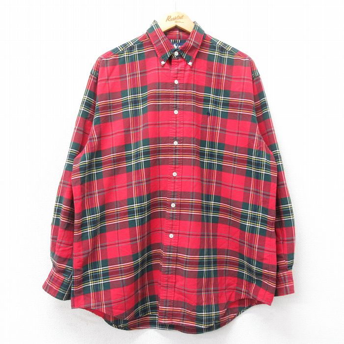 XL★古着 ラルフローレン Ralph Lauren 長袖 ブランド シャツ メンズ 90年代 90s ワンポイントロゴ 大きいサイズ ロング丈 コットン ボタンダウン 赤他 レッド タータン チェック 【spe】 25apr09 中古 トップス